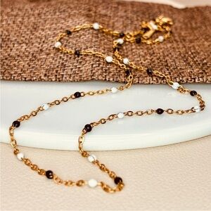 Gold Dainty Beaded Necklace with Black and White Accents
